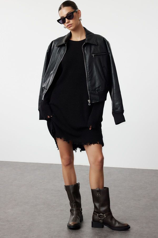 Trendyol Trendyol Black Plain Mini Knitwear with Flowing Detail Knitwear Dress