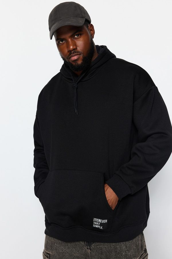 Trendyol Trendyol Black Plus Size Basic Comfortable Hooded Labeled Fleece Cotton Sweatshirt