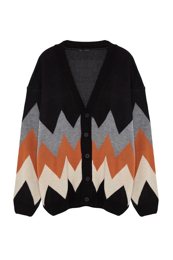 Trendyol Trendyol Black Plus Size Oversize Fit Wide Fit Diamond Pattern Knitwear Cardigan
