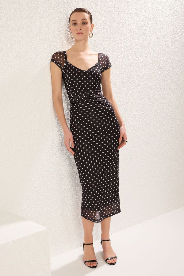 Trendyol Trendyol Black Polka Dot Bodycone/Fits on Body Midi Knit Dress