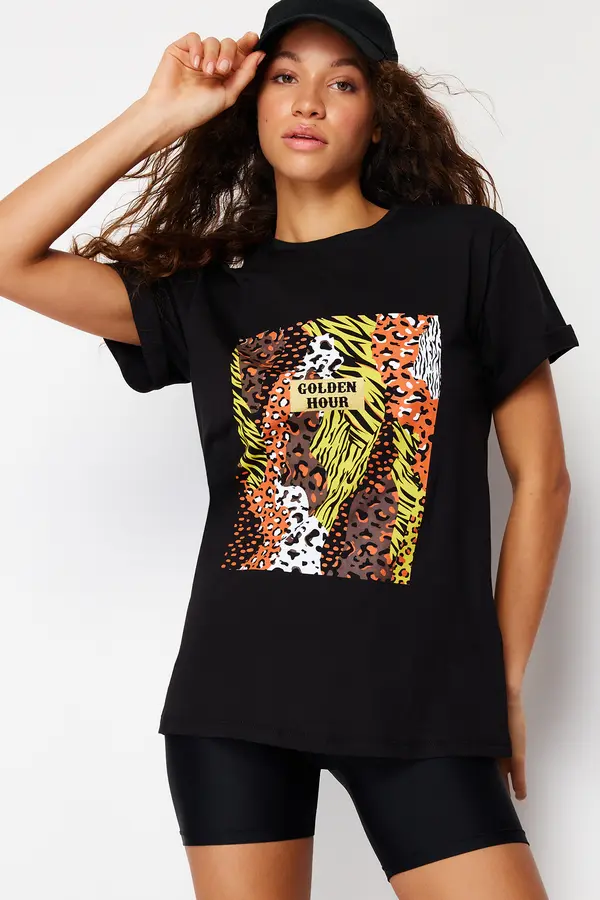 Trendyol Trendyol Black Printed 100% Cotton Oversize/Wide Knit T-Shirt