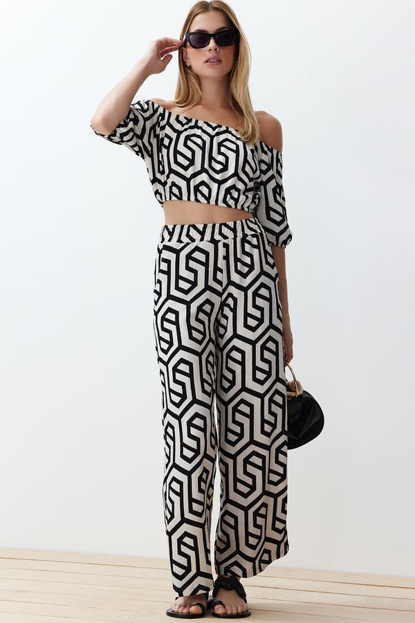 Trendyol Trendyol Black Printed Carmen Collar Crop Flexible Knitted Blouse Trousers Top-Bottom Set