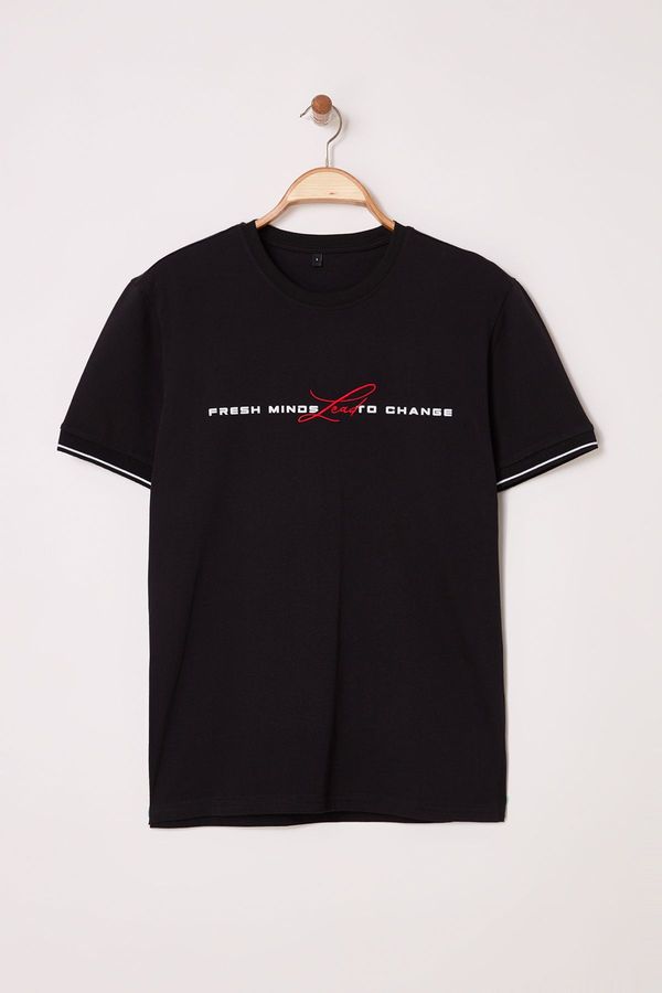 Trendyol Trendyol Black Regular Cut Text Printed Knit Banded T-Shirt