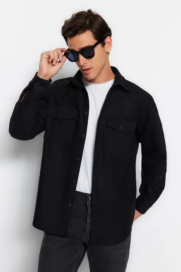 Trendyol Trendyol Black Regular Parachute Pocket Cashmere Winter Textured Jacket Shirt