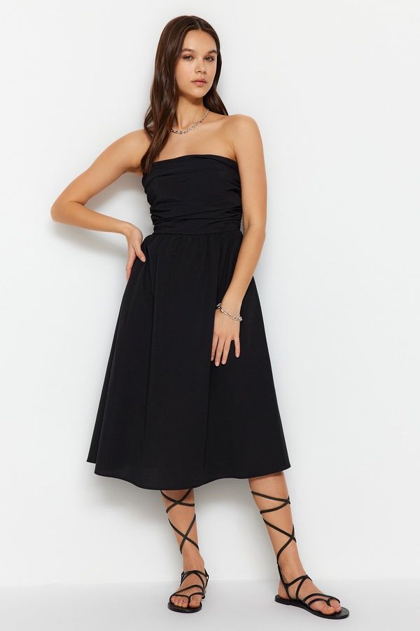 Trendyol Trendyol Black Ribbed Detailed Poplin Woven Dress