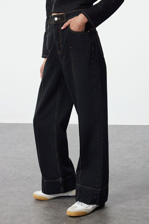 Trendyol Trendyol Black Ribbed High Waist Wide Leg Jeans