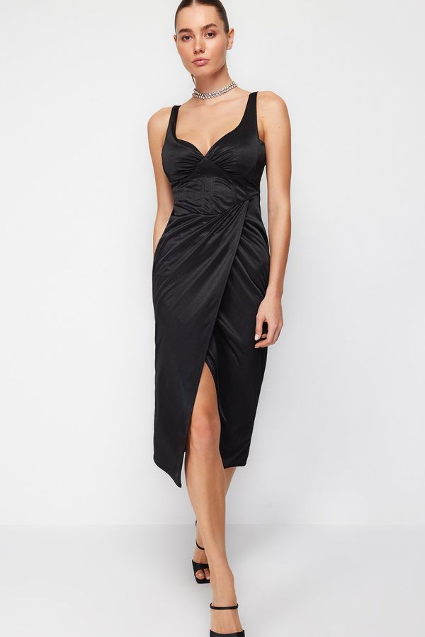 Trendyol Trendyol Black Satin Draped Wrap Dress