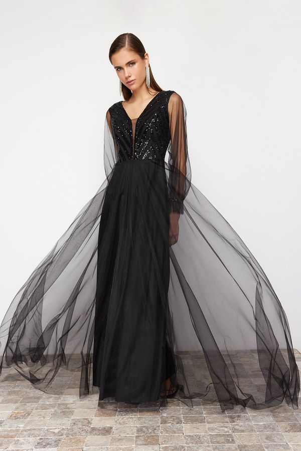 Trendyol Trendyol Black Sequin Sequin Detailed Tulle Long Evening Dress