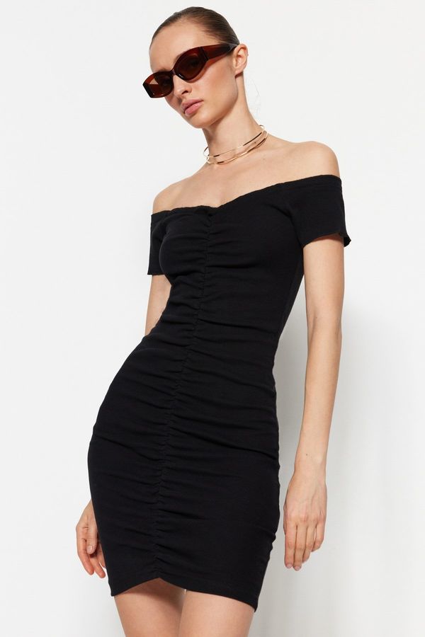 Trendyol Trendyol Black Shirring Detail, Fitted Carmen Collar Mini Ribbed, Flexible Knit Dress