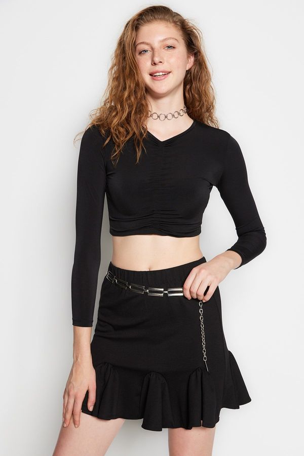 Trendyol Trendyol Black Slim Gathered Detailed Crop Stretchy Knitted Blouse