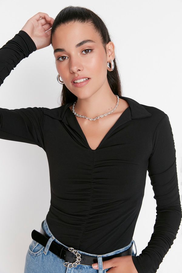 Trendyol Trendyol Black Slim Pleated Polo Neck Stretchy Knitted Blouse