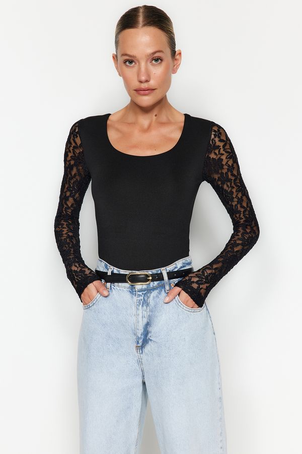 Trendyol Trendyol Black Square Neck Lace Sleeve Knitted Bodysuit
