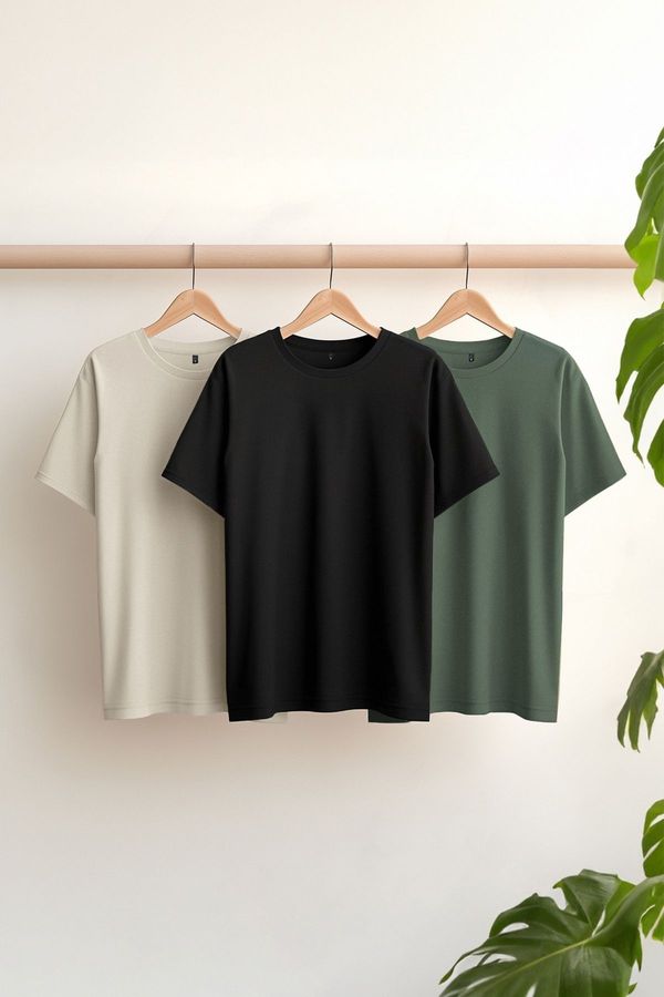 Trendyol Trendyol Black-Stone-Dark Green Oversize/Wide Cut 3 Pack 100% T-Shirt