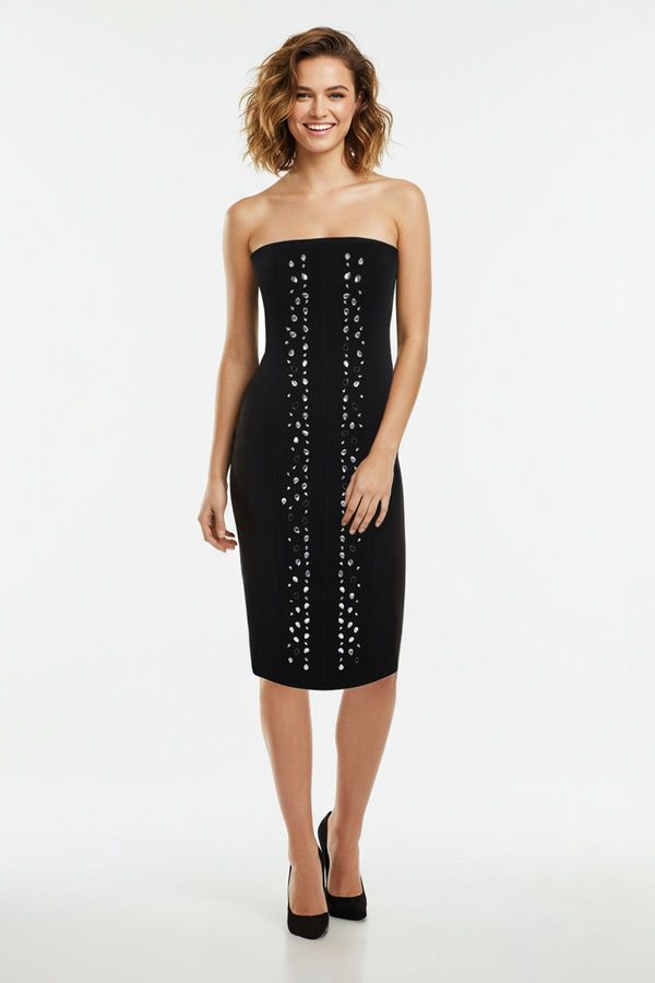 Trendyol Trendyol Black Stone Printed Strapless Woven Chic Midi Dress