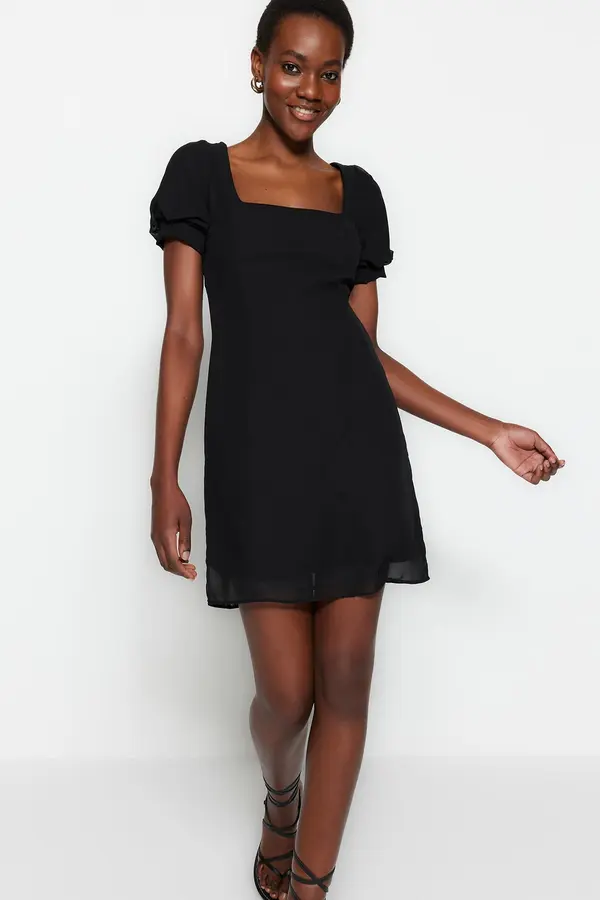 Trendyol Trendyol Black Straight Cut Mini Woven Chiffon Lined Square Collar Woven Dress