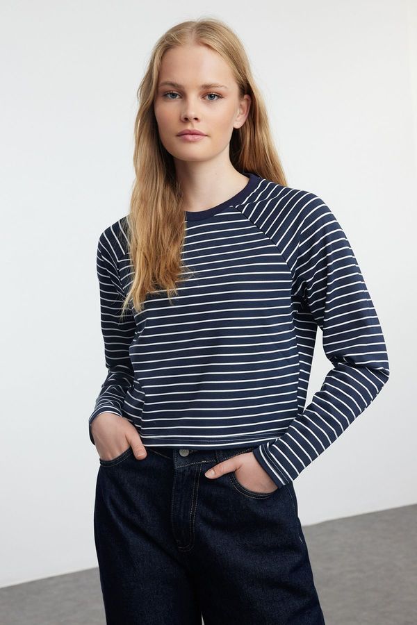 Trendyol Trendyol Black Striped Regular/Normal Pattern Raglan Sleeve Flexible Knitted T-Shirt