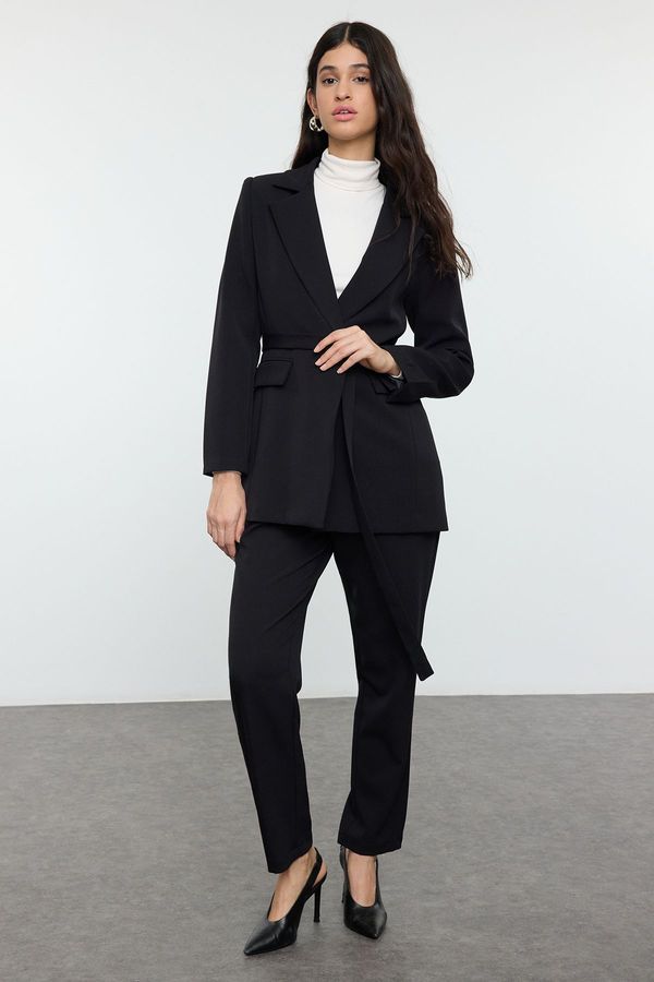 Trendyol Trendyol Black Tie Detail Lined Crepe Jacket-Pants Woven Bottom-Top Set