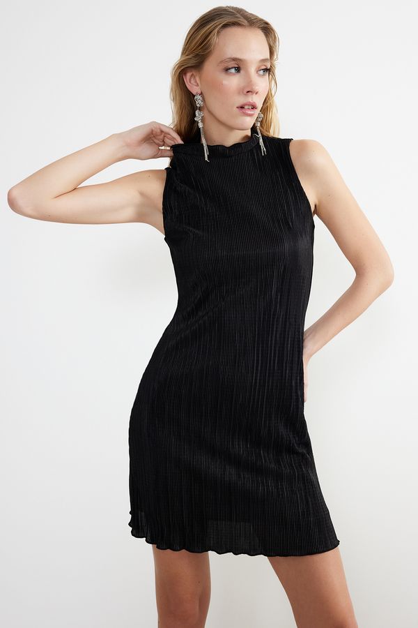Trendyol Trendyol Black Waist Opening/Skater Knitted Lined Pleated Elegant Evening Dress