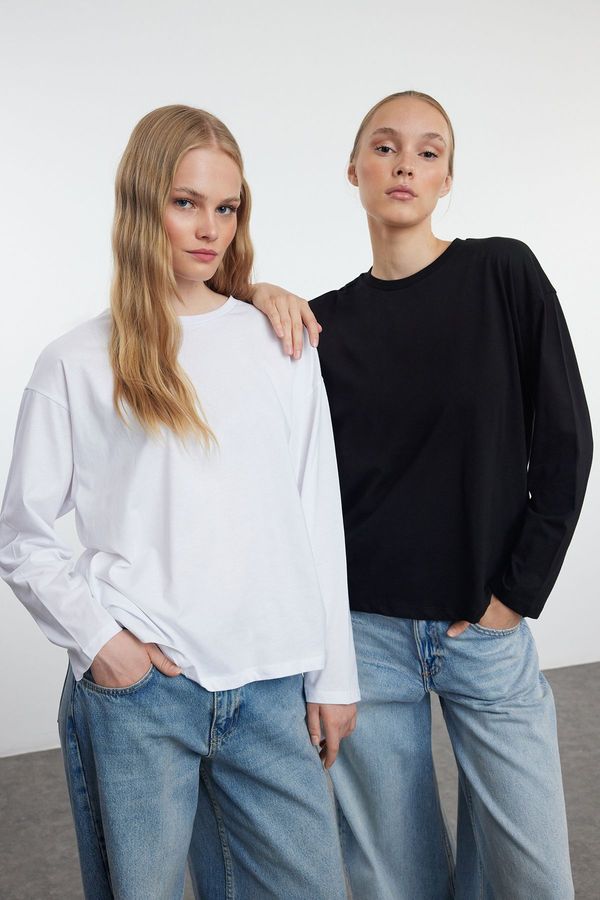 Trendyol Trendyol Black-White 2-Pack 100% Single Jersey Oversize/Wide Cut Knitted T-Shirt