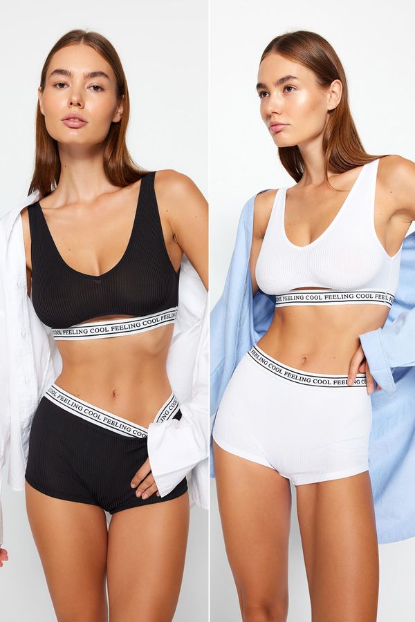 Trendyol Trendyol Black-White 2-Pack Corded Cotton Rubber Detailed Boxer Knitted Panties