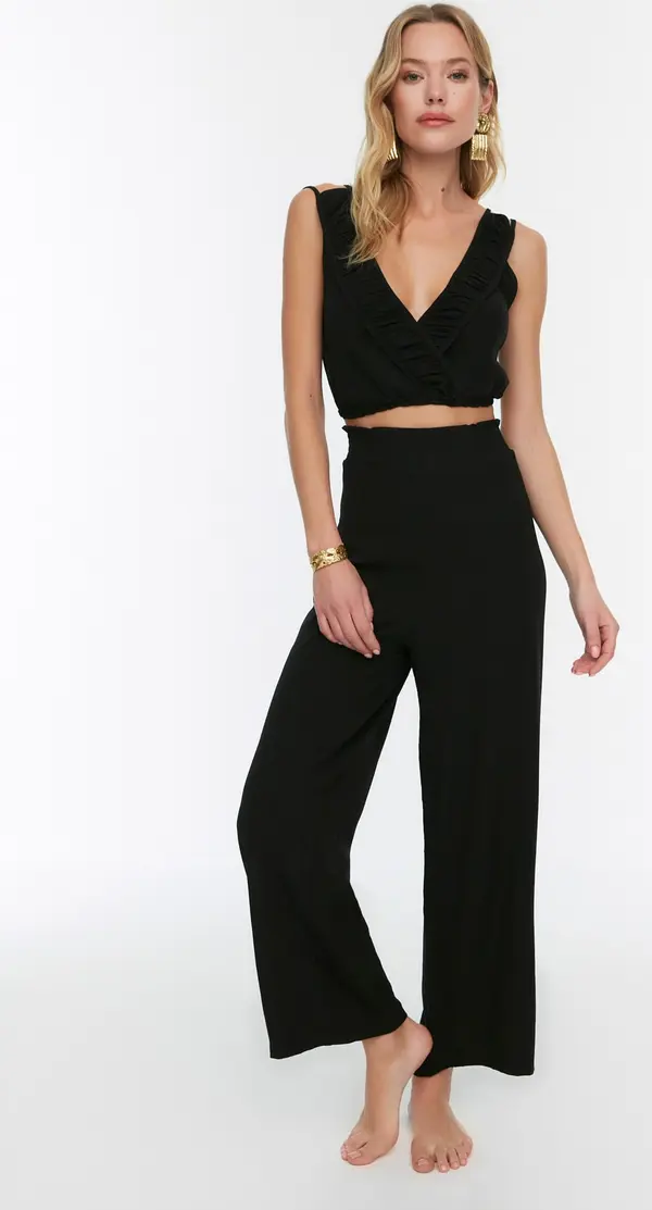 Trendyol Trendyol Black Woven Ruffle Blouse Trousers Beach Set