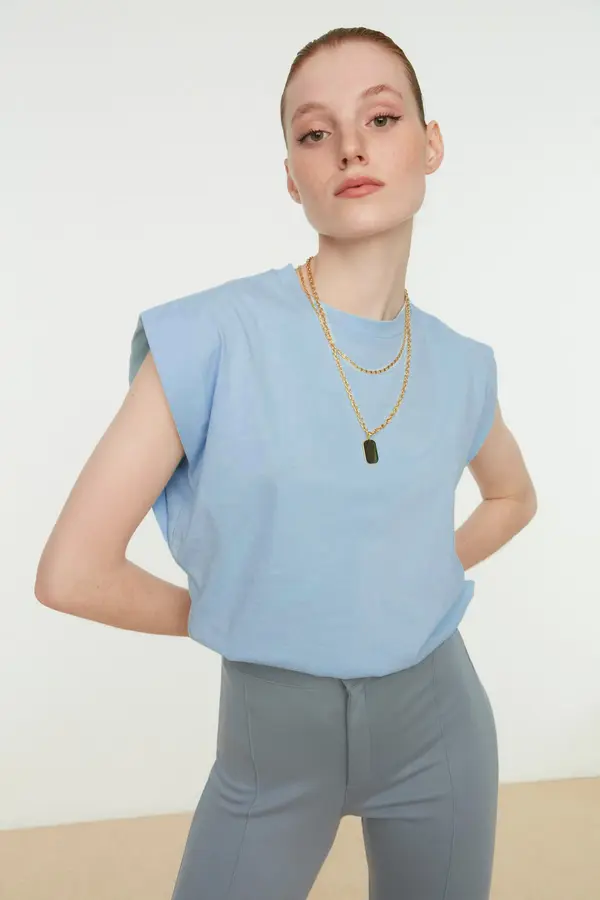 Trendyol Trendyol Blue 100% Cotton Padded Look Basic Crew Neck Knitted T-Shirt