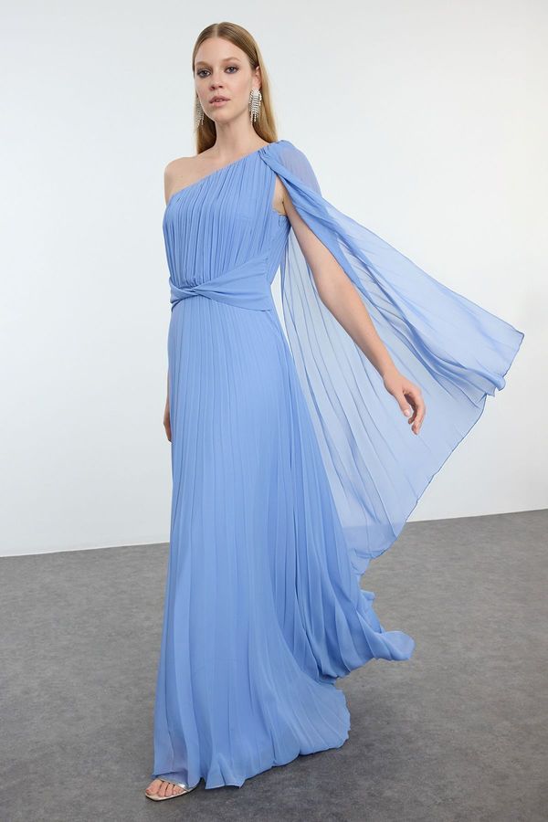 Trendyol Trendyol Blue A-Cut Pleated Long Evening Dress