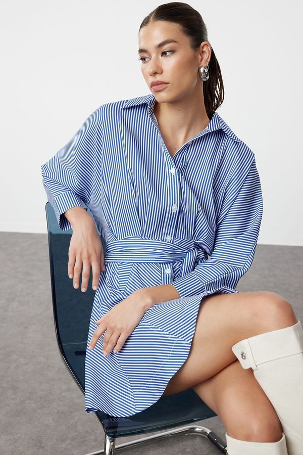 Trendyol Trendyol Blue Belted Striped Mini Woven Shirt Dress