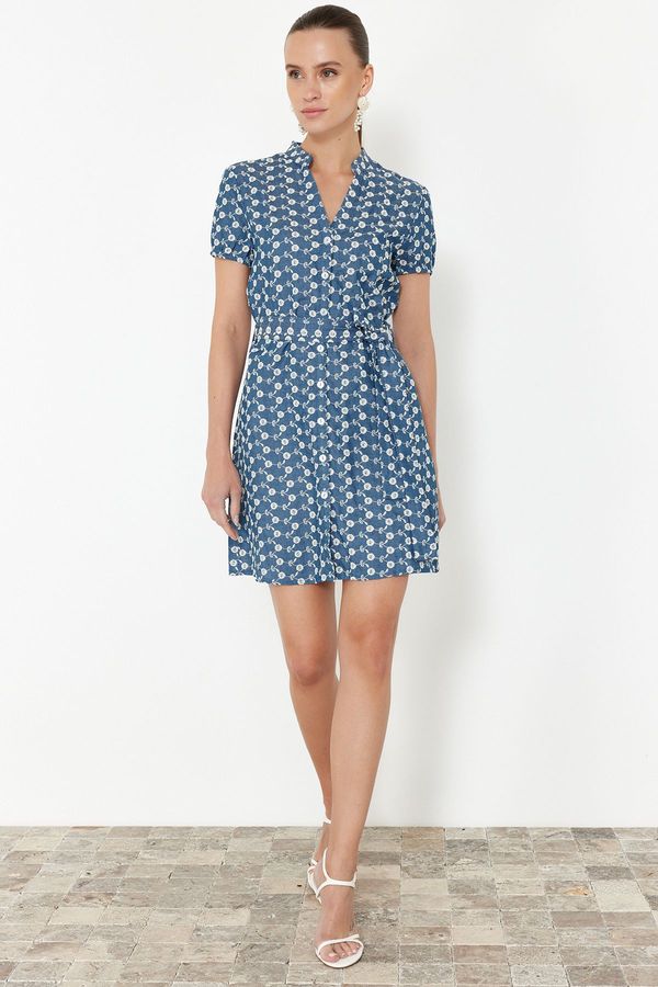 Trendyol Trendyol Blue Belted Three Quarter Sleeve Mini Shirt Midi Woven Dress