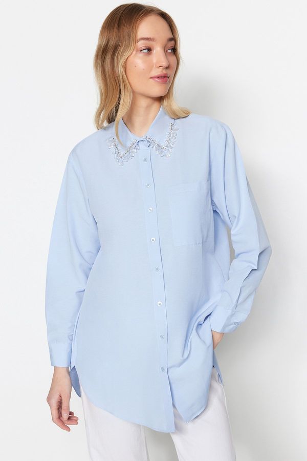 Trendyol Trendyol Blue Collar Accessory Detail Woven Cotton Shirt