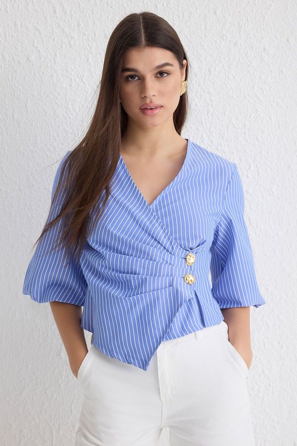 Trendyol Trendyol Blue Double Breasted Striped Woven Woven Blouse