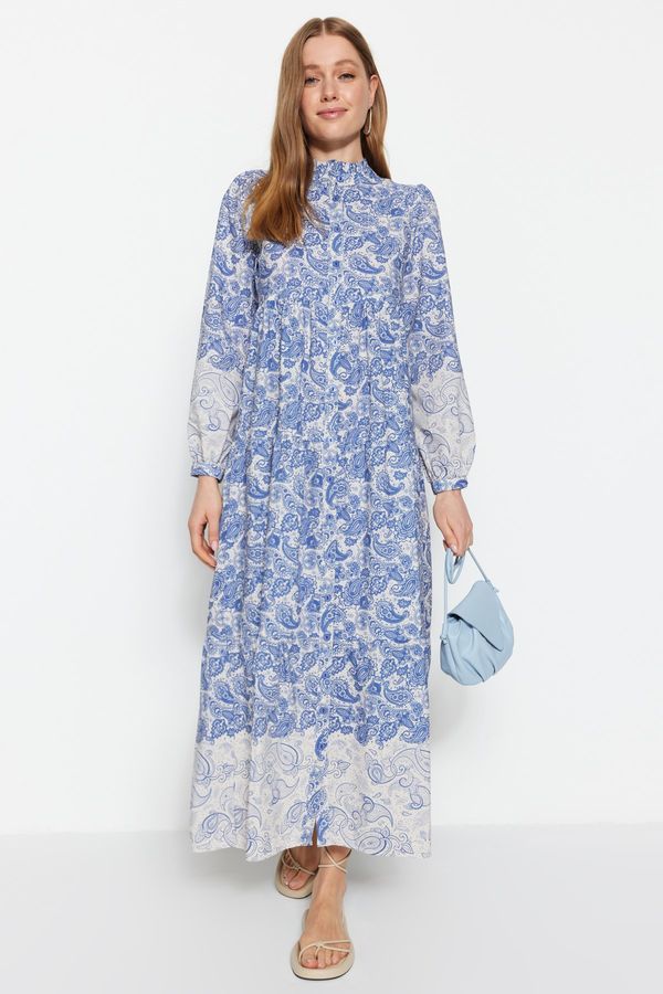 Trendyol Trendyol Blue Ethnic Patterned Crew Neck Linen-Looking Woven Shirt Dress