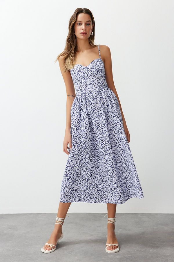 Trendyol Trendyol Blue Floral Print A-line Sweetheart Neck Midi Poplin Woven Dress