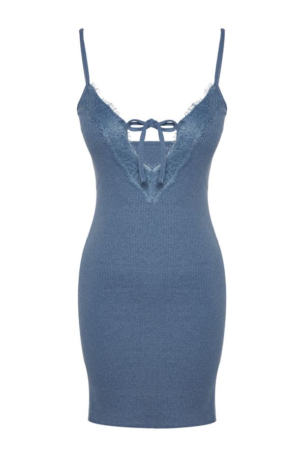Trendyol Trendyol Blue Lace and Tie Detail Ribbed Cotton Knitted Nightshirt