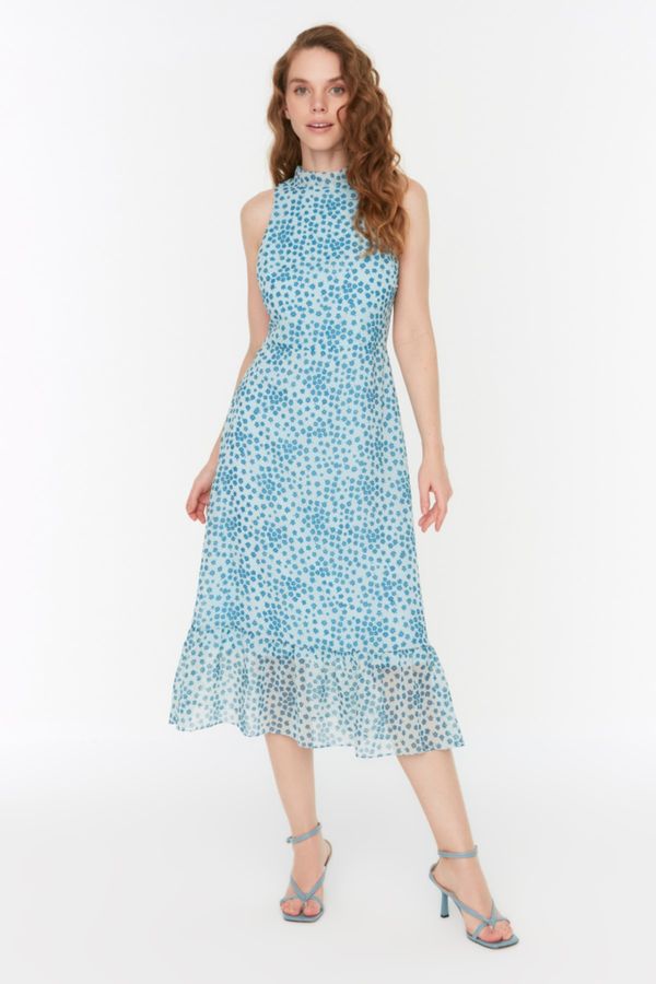 Trendyol Trendyol Blue Midi Lined Woven High Neck Printed Woven Dress