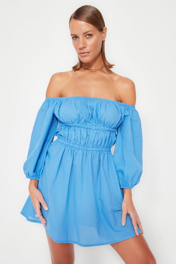 Trendyol Trendyol Blue Mini Weave Плисирана 100% памучна плажна рокля