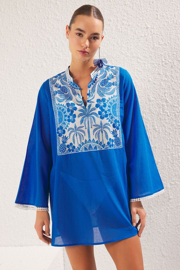 Trendyol Trendyol Blue-Multicolored Ethnic Relaxed Mini Weaving 100% Polyester Dress
