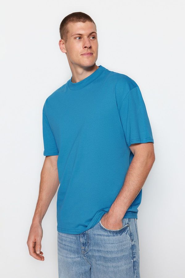 Trendyol Trendyol Blue мъжки спокойна/удобна кройка, стояща яка къс ръкав 100% памук тениска