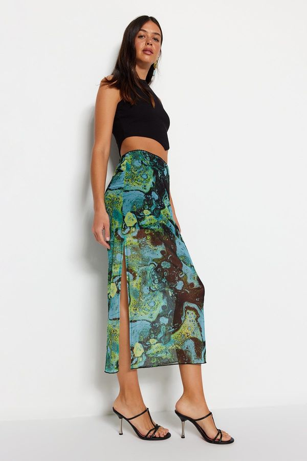 Trendyol Trendyol Blue Patterned Maxi Length Waist Lace Detail Tulle Stretch Knitted Skirt