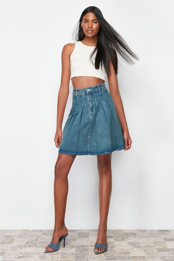 Trendyol Trendyol Blue Pleated Mini Denim Skirt