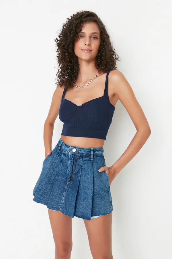 Trendyol Trendyol Blue Pleated Normal Waist Denim Short Skirt