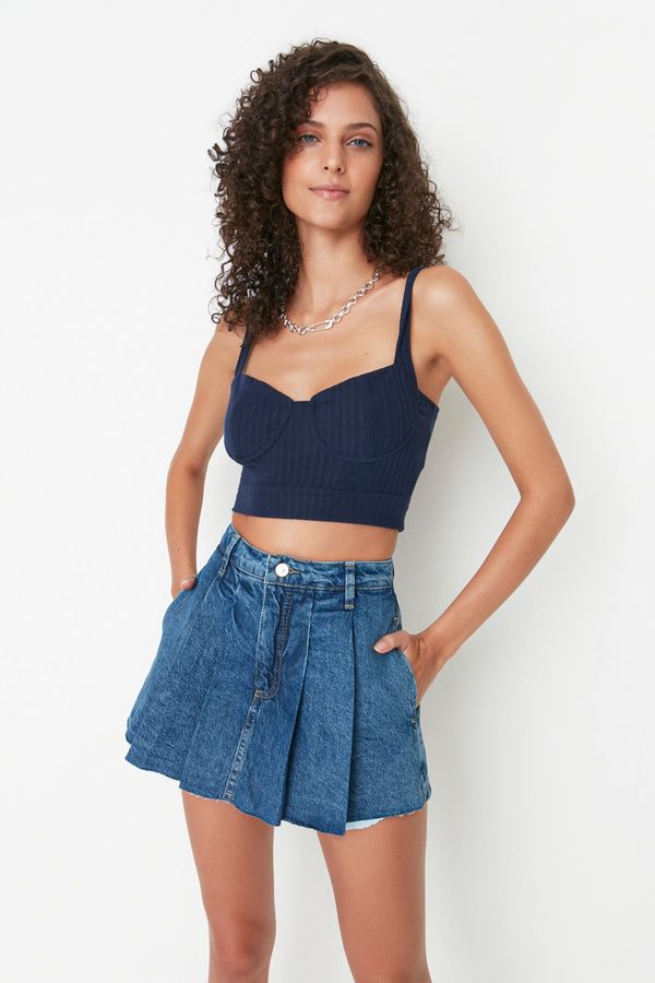 Trendyol Trendyol Blue Pleated Normal Waist Denim Short Skirt