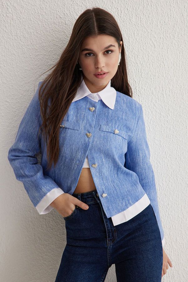 Trendyol Trendyol Blue Shirt Collar Pocket Woven Tweed Jacket