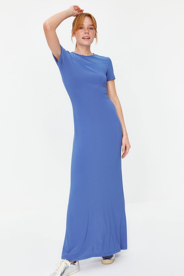 Trendyol Trendyol Blue Short Sleeve Bodycone/Sliding Crew Neck Stretchy Knitted Maxi Dress