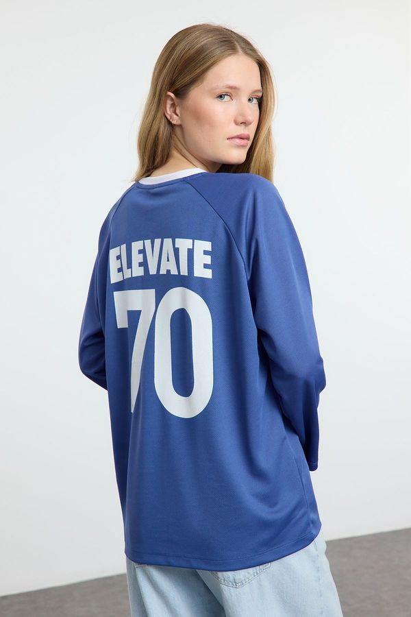 Trendyol Trendyol Blue Slogan Printed Polo Collar Oversize/Wide Pattern Knitted T-Shirt