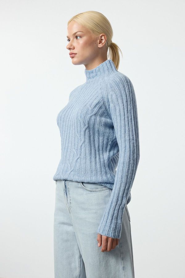 Trendyol Trendyol Blue Soft Textured Knit Detailed Stand Collar Knitwear Sweater