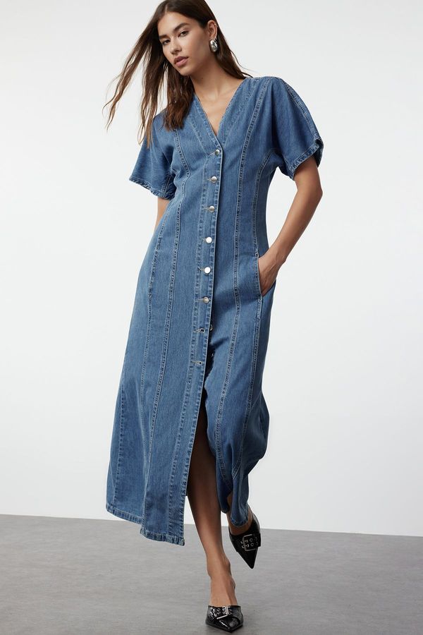 Trendyol Trendyol Blue Stitch Detailed Midi Denim Dress