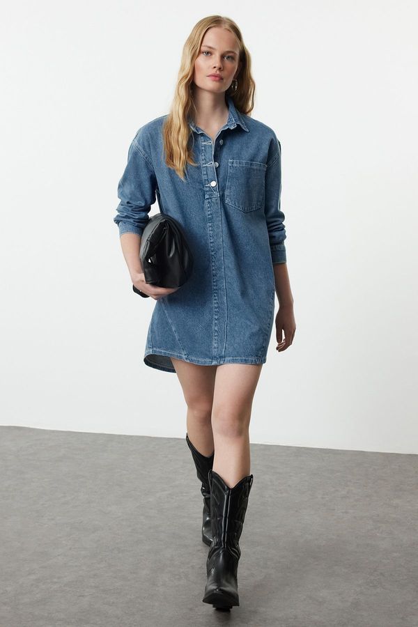 Trendyol Trendyol Blue Stitch Detailed Mini Denim Shirt Dress
