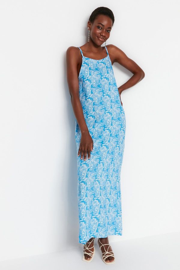 Trendyol Trendyol Blue Straight Cut Maxi Woven Viscose Strap Patterned Woven Dress
