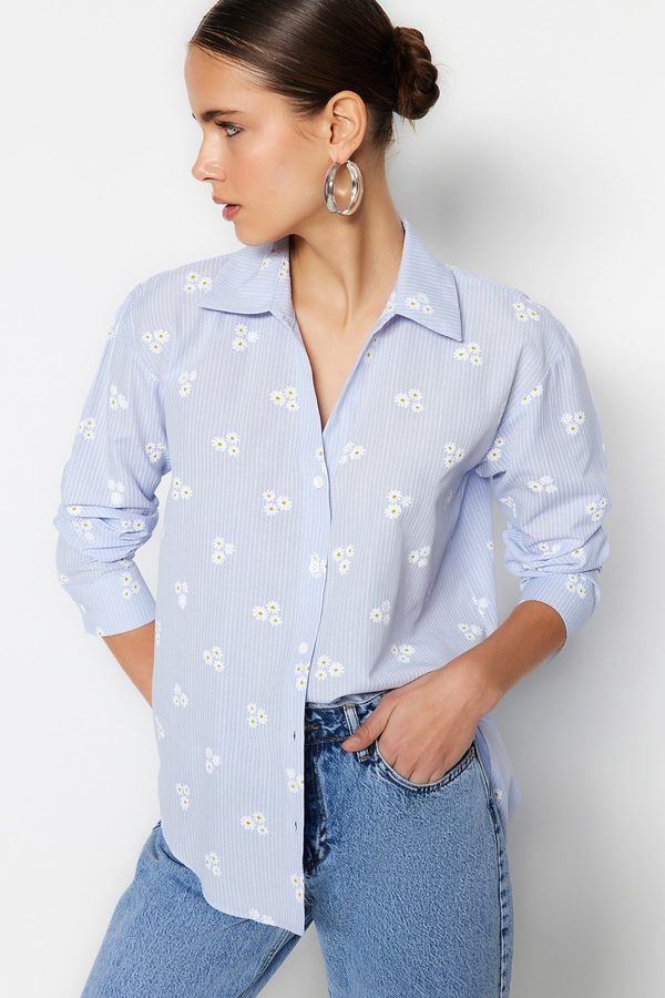 Trendyol Trendyol Blue Striped Floral Cotton Woven Shirt